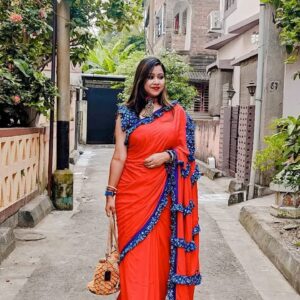 Red indigo frill saree