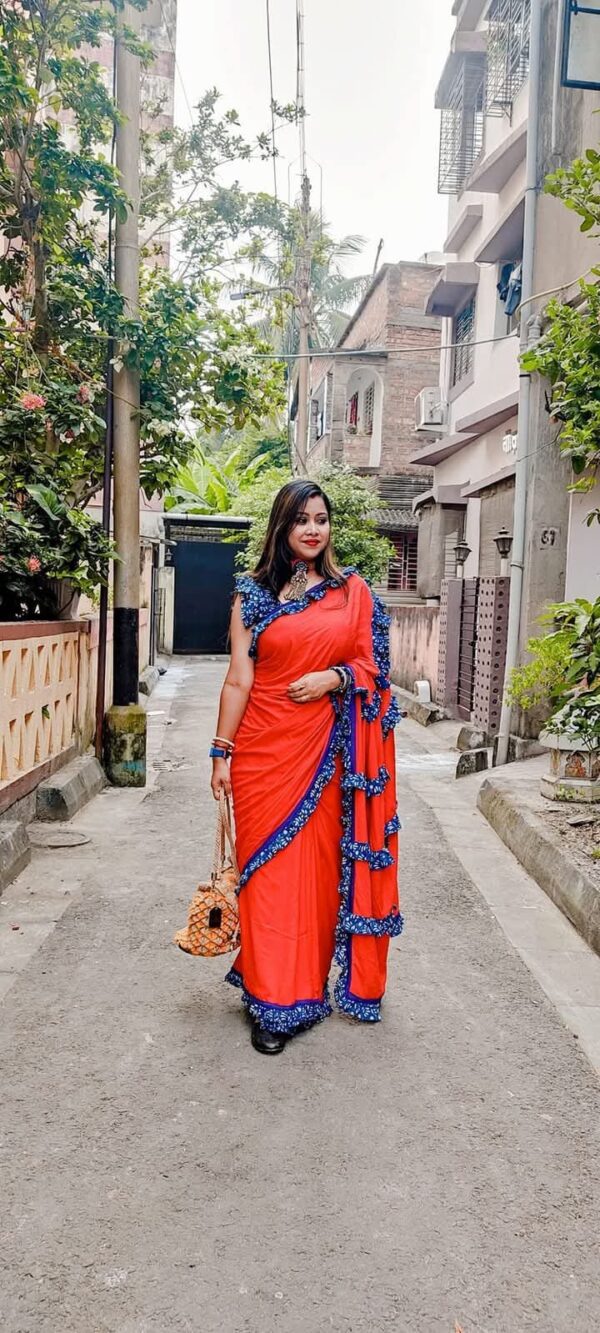 Red indigo frill saree