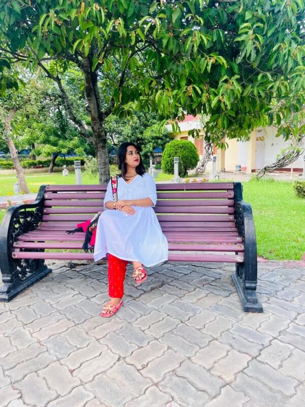 WHITE ORGANIC KURTI RED KATKI PANT CO ORD SET