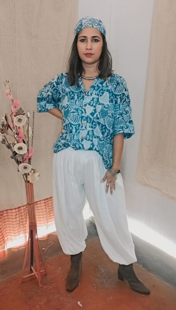 INDIGO FISH KATHA STITCH SHIRT...WHITE BALLOON PANT