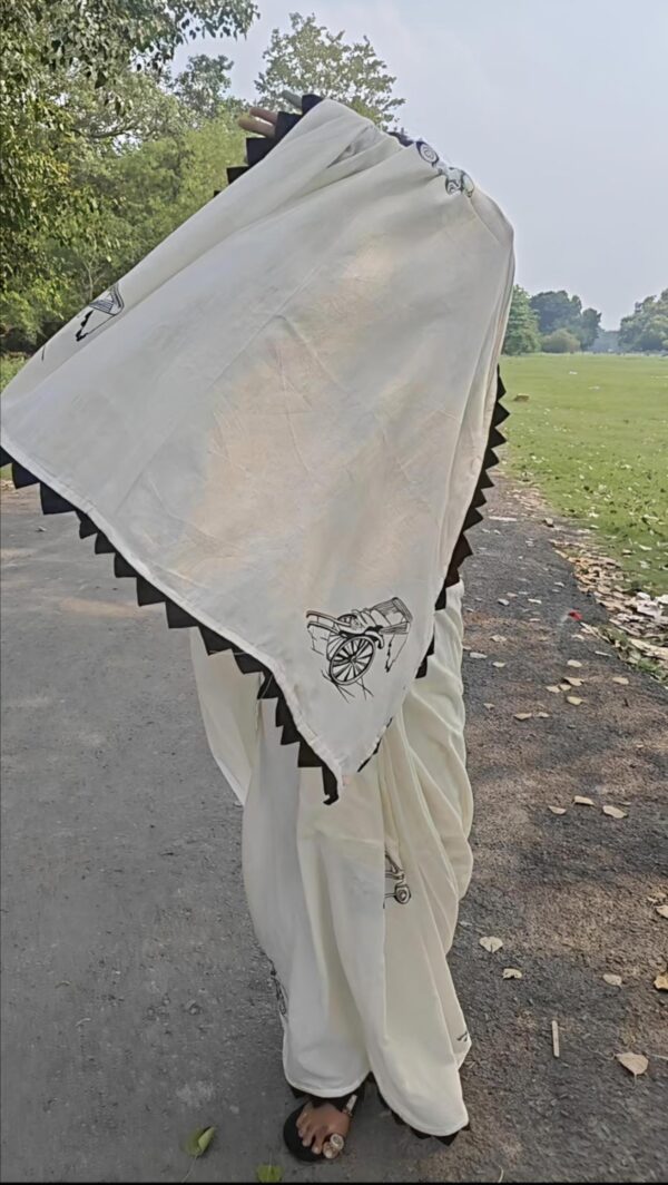 KOLKATA HAND-PAINTED TAXI RIKSHAW SAREE - Image 3