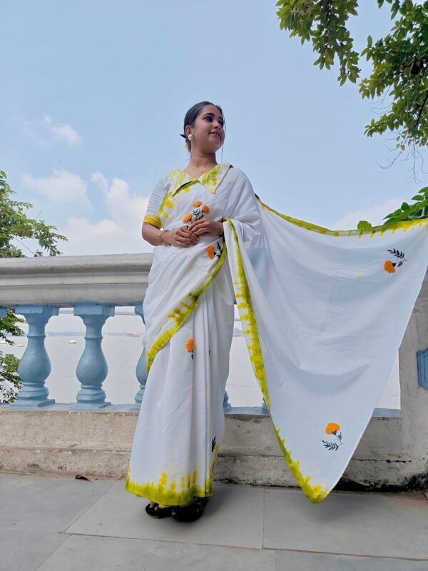 MARIGOLD HAND-EMBRODARY TIE AND DYE SAREE