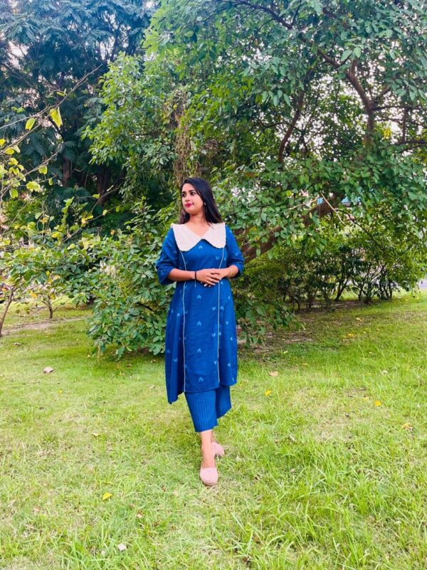 JAMDANI BUTA HAKOBA PETER PAN COLLAR KURTI WITH STRIPED PANTS