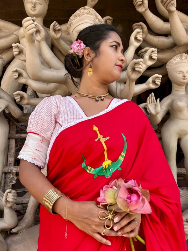 HAND-PAINTED DURGA SAREE WITH BLOUSE - Image 3