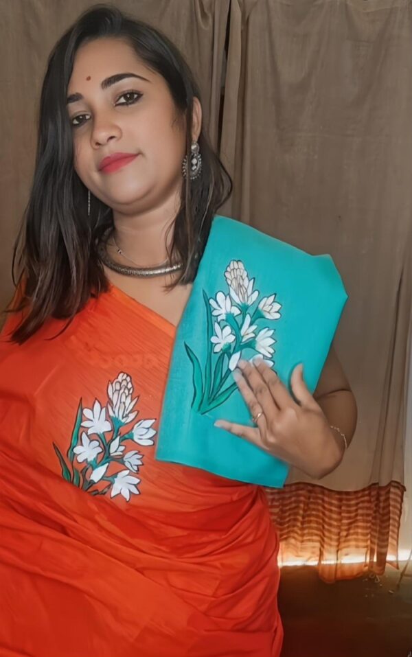 HAND-PAINTED RAJNIGANDHA (TUBEROSE) SAREE WITH RAJNIGANDHA BLOUSE PIECE - Image 5