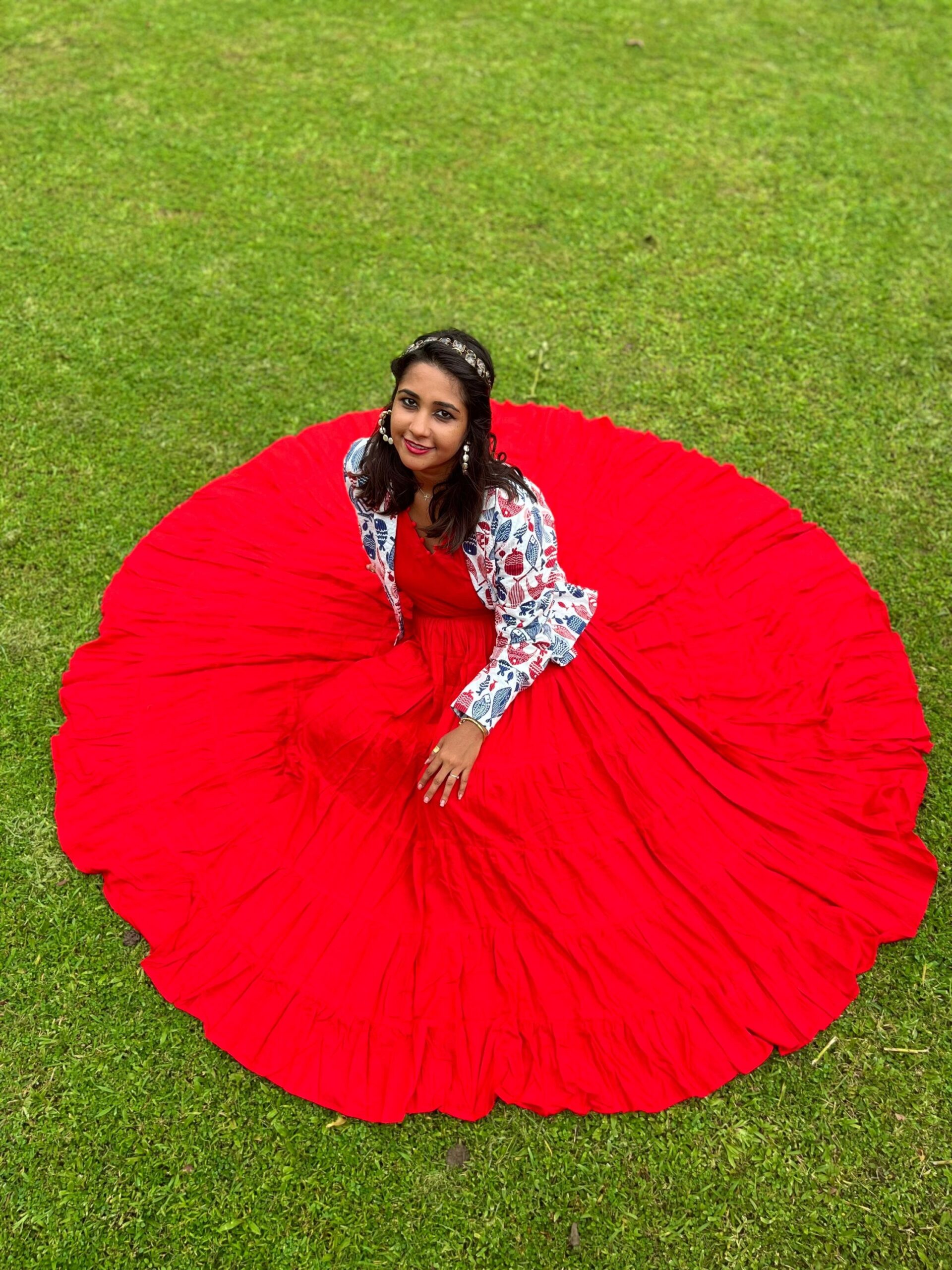 Dreamy Glamour Gown Dress Red With Katha Stitch Fish jacket - Image 4