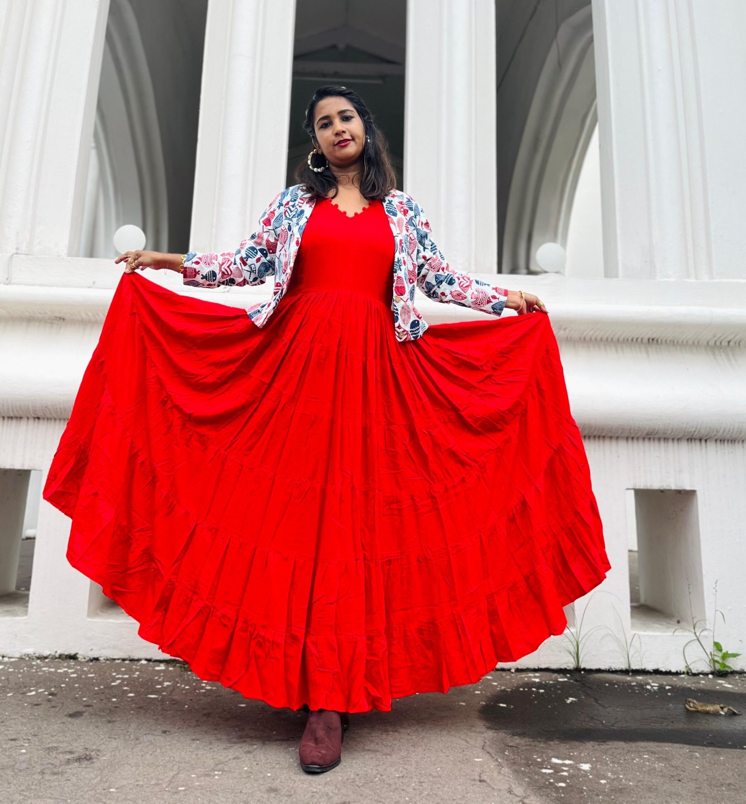 Dreamy Glamour Gown Dress Red With Katha Stitch Fish jacket - Image 3