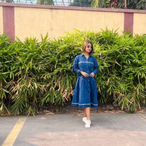 GLAM ZONE BLUE WHITE BAMBOO COTTON DRESS